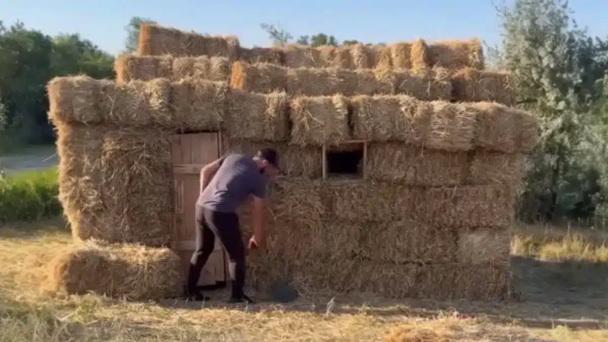 Un cazador construye un espectacular puesto de caza con pacas de paja