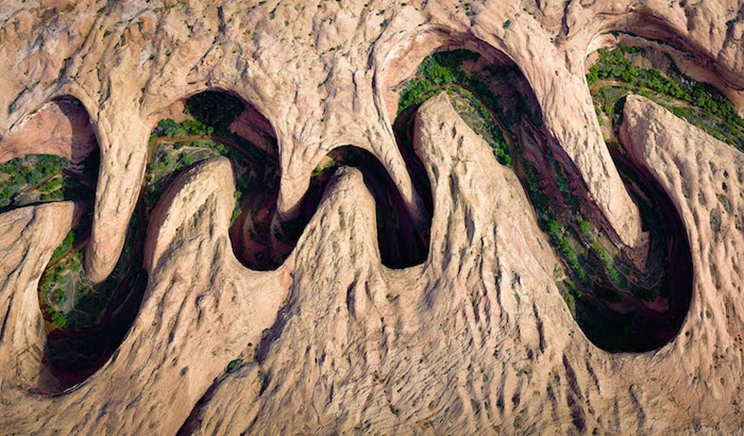 La vegetación verde florece en el borde del río de un cañón serpenteante en Utah. / Fotografía: Infobae