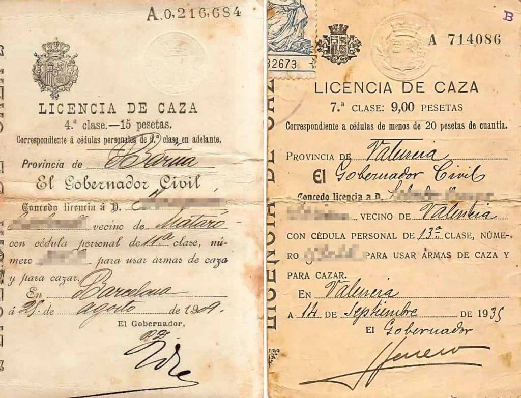 Licencias de caza de 1907 y 1935.