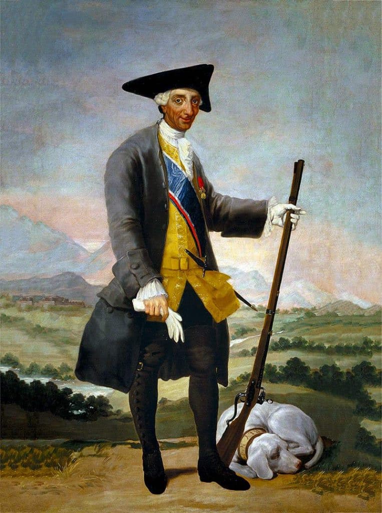 Carlos III pintado por Goya junto a su arma y perro de caza.