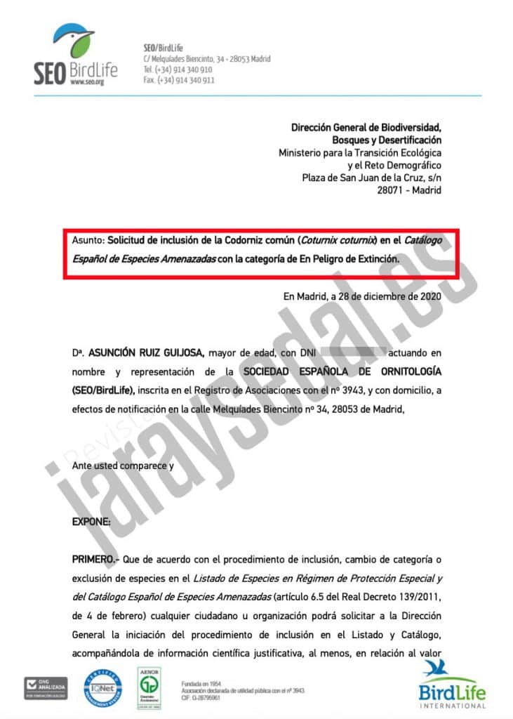 Carta en la que Asunción Ruíz pide que se catalogue a la codorniz como especie «peligro de extinción» y que se prohíba su caza.