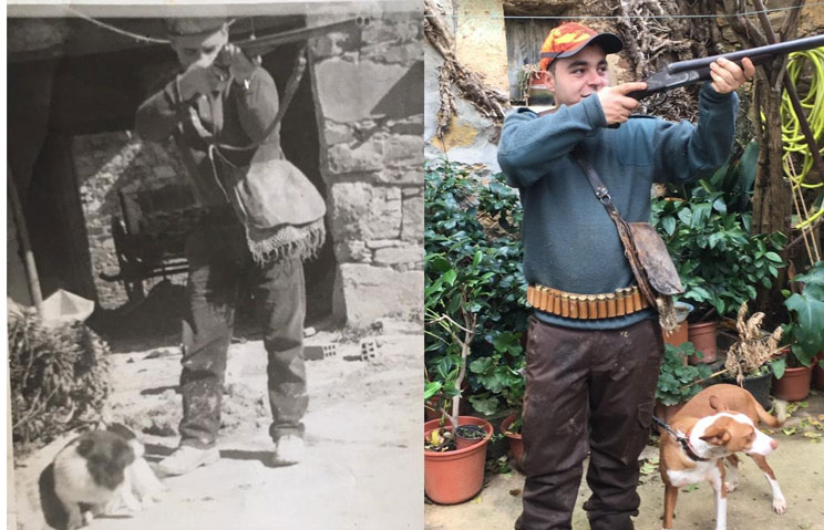 Abuelo y nieto, con la antigua y nueva foto con la misma escopeta y morral. / JyS