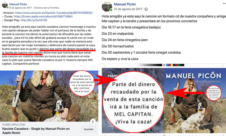 Publicaciones de Facebook donde Manuel Picón muestra los formatos de la canción asegurando que parte del dinero recaudado irá para la familia. /Facebook