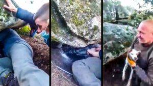 Así fue el espectacular rescate de una perra de caza atrapada bajo una enorme roca