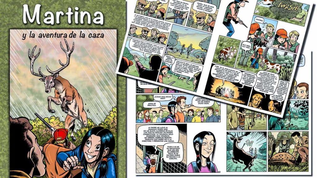 Portada y dos imágenes del cómic 'Martina y la aventura de la caza'. ©Mutuasport
