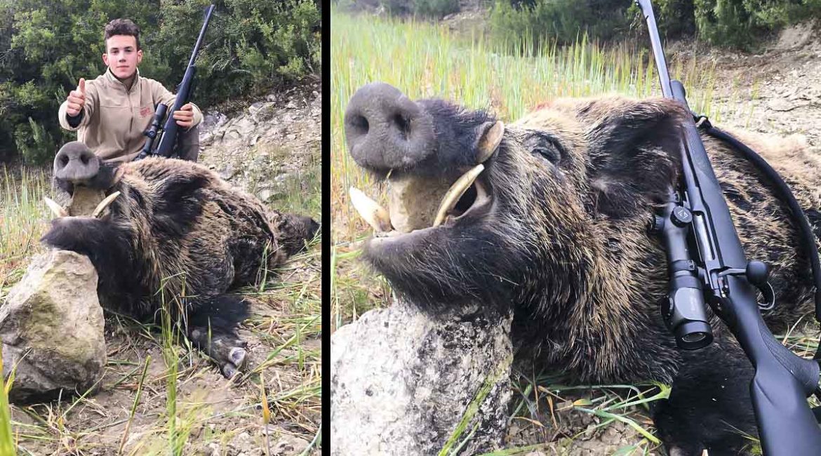 Un joven de 17 años caza un enorme jabalí de 131 kilos en una espera por daños en Huesca