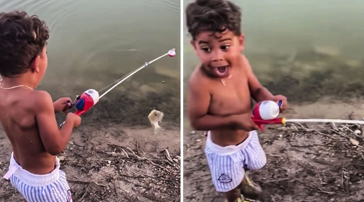 Esta es la emocionante reacción de un niño tras pescar un percasol con su caña de juguete