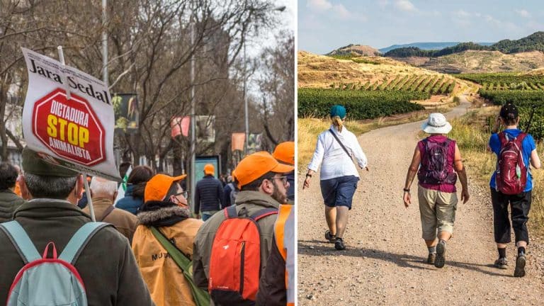 Manifestantes del 20M junto a imagen de paseantes en un camino rural. © Israel Hernández