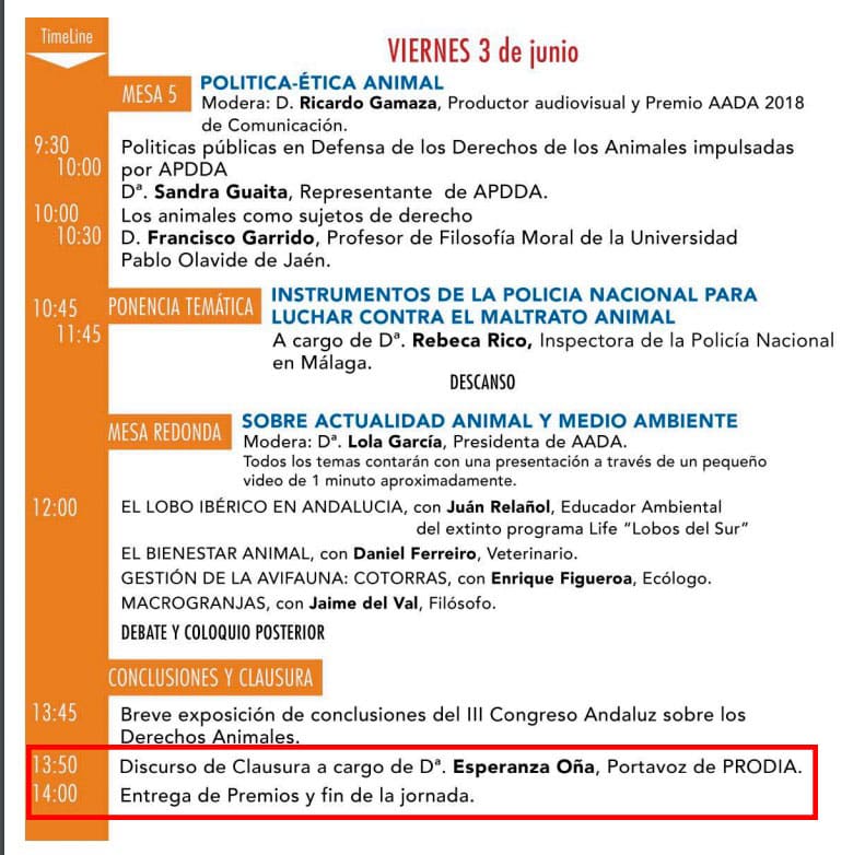 Programa del III Congreso Andaluz sobre los Derechos de los Animales en el que estaba incluida Esperanza Oña y que coincidía con el inicio de la campaña electoral