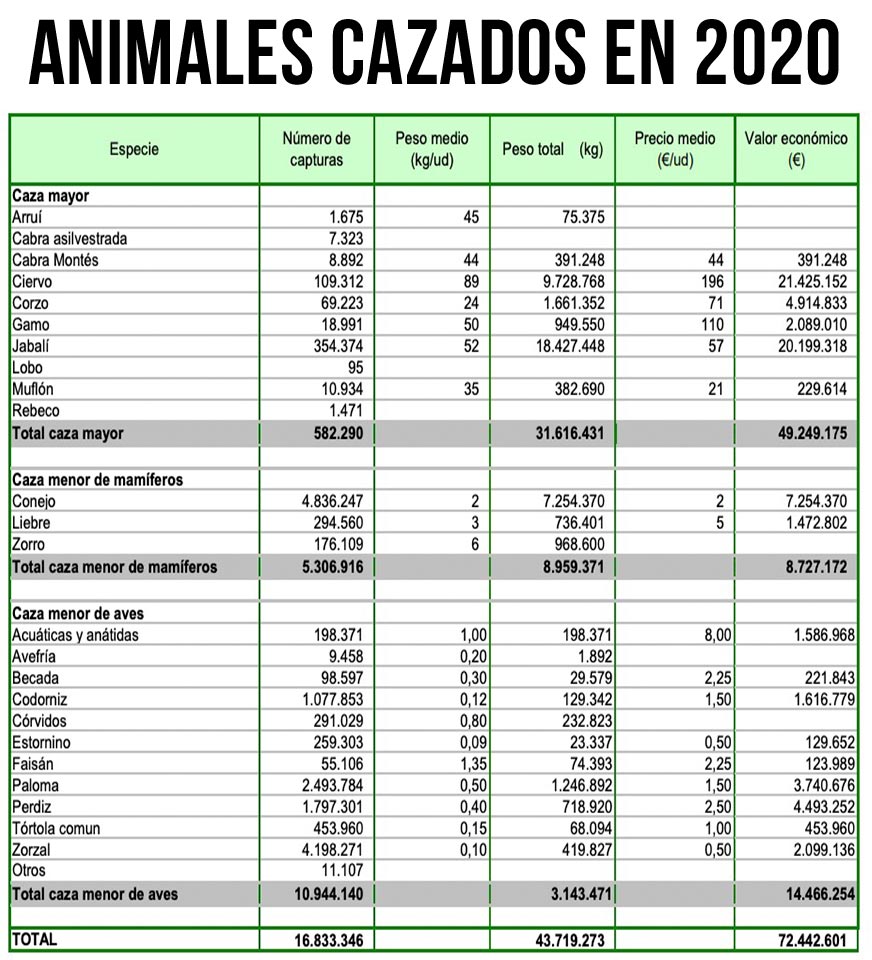 Animales cazados en España en 2019.