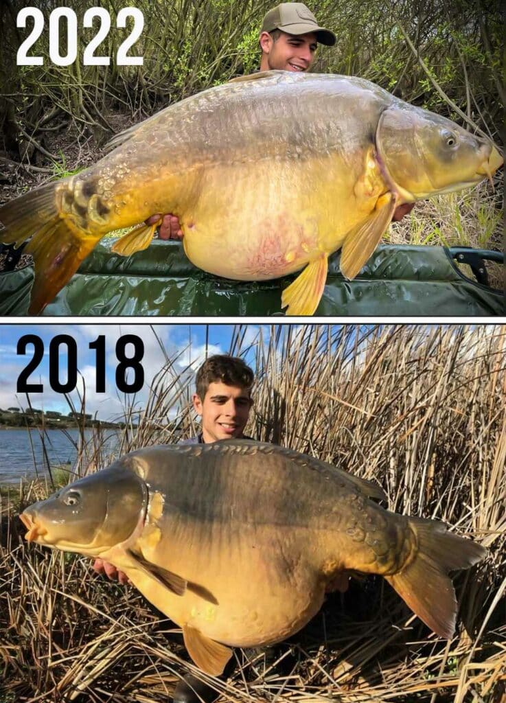 El pescador con la captura de 2022 y la de 2018.