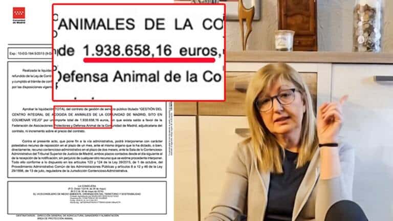 Matilde Cubillo en una de sus últimas apariciones en Youtube junto a uno de los documentos de contratación publicados por la Comunidad de Madrid.