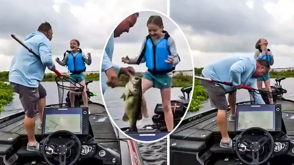 Esta es la inigualable reacción de una niña tras pescar un gran black bass junto a su padre