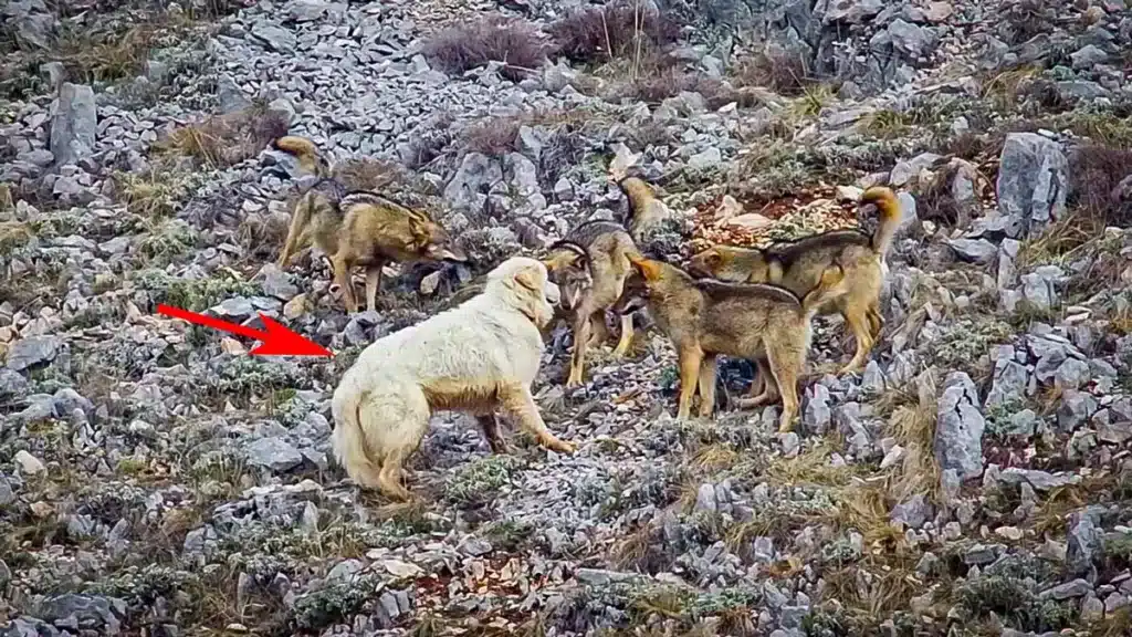Un perro pastor de ganado permanece inmóvil tras ser acorralado por cuatro lobos