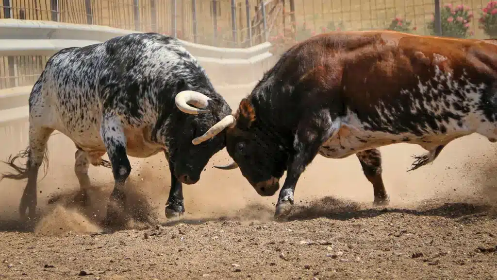 Dos toros bravos se pelean en el campo.