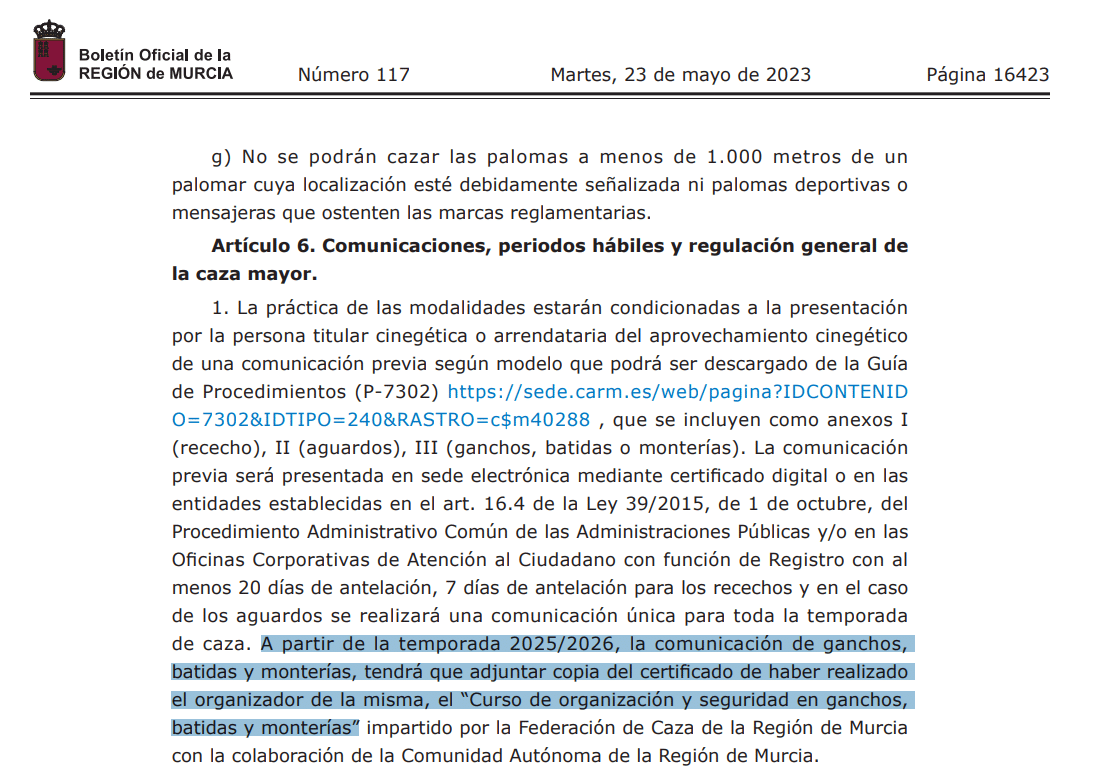 Publicada la Orden de Vedas de Caza la Región de Murcia 2023/2024