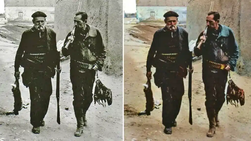 Una foto de Miguel Delibes con El Barbas antes y después de ser coloreada.
