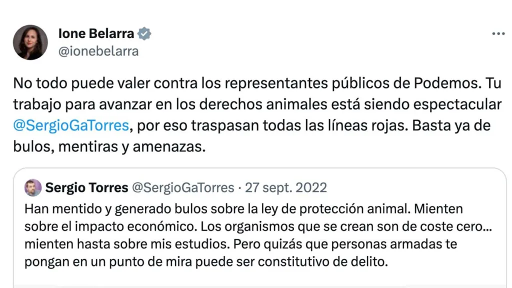 Tuit de Ione Belarra dando apoyo a García Torres por las supuestas amenazas.