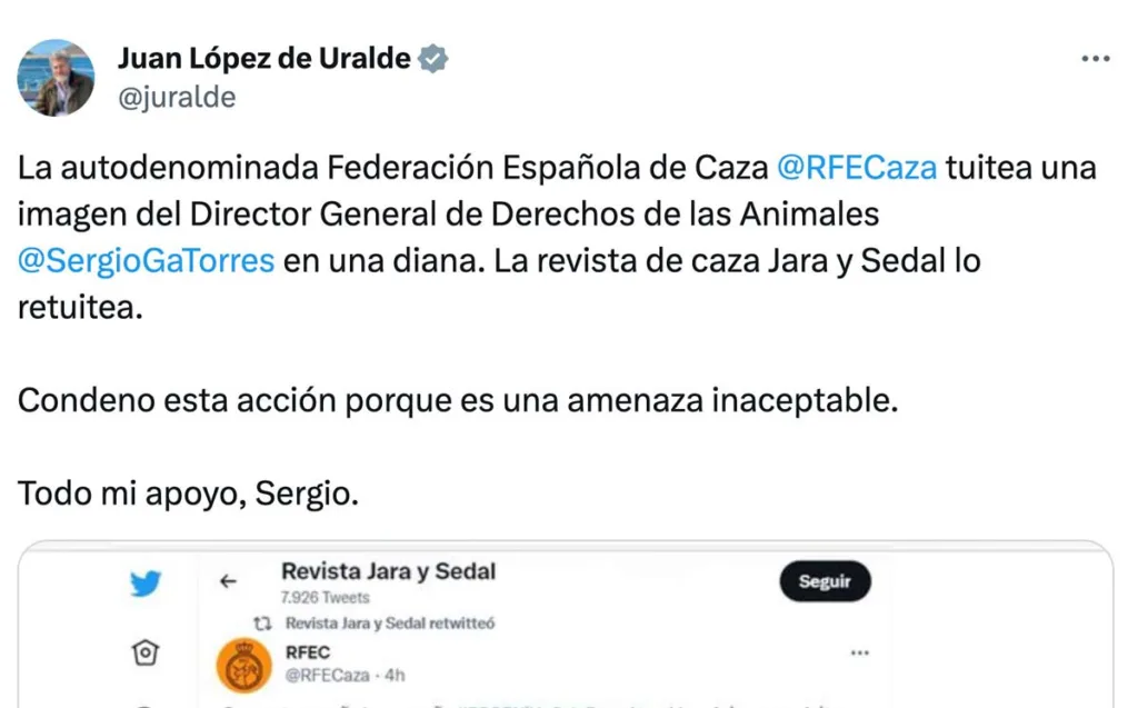Tuit de Juantxo López de Uralde alimentando el bulo de las amenazas.