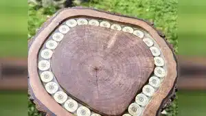Fabrican una original tabla de corte con una rodaja de madera y vainas de cartuchos de caza
