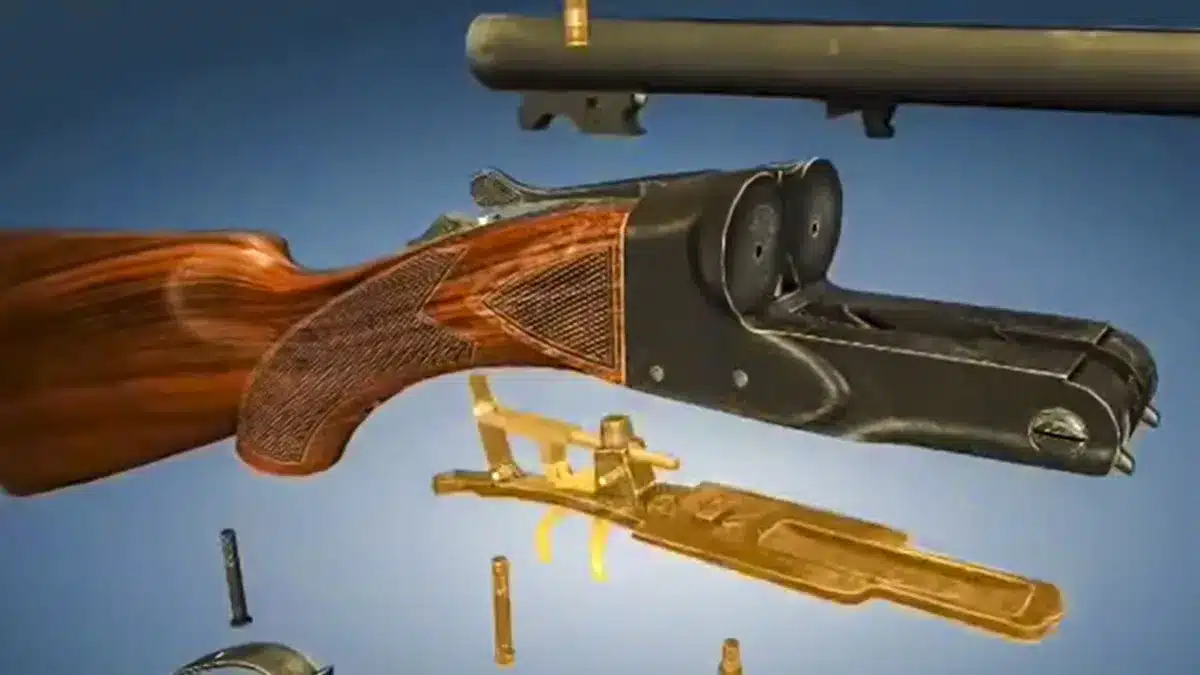 Muestran en una animación en 3D cómo se desmonta paso a paso una escopeta  de caza paralela