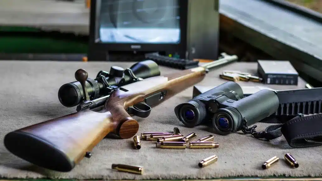 Un rifle y varios casquillos de bala en una imagen de archivo.