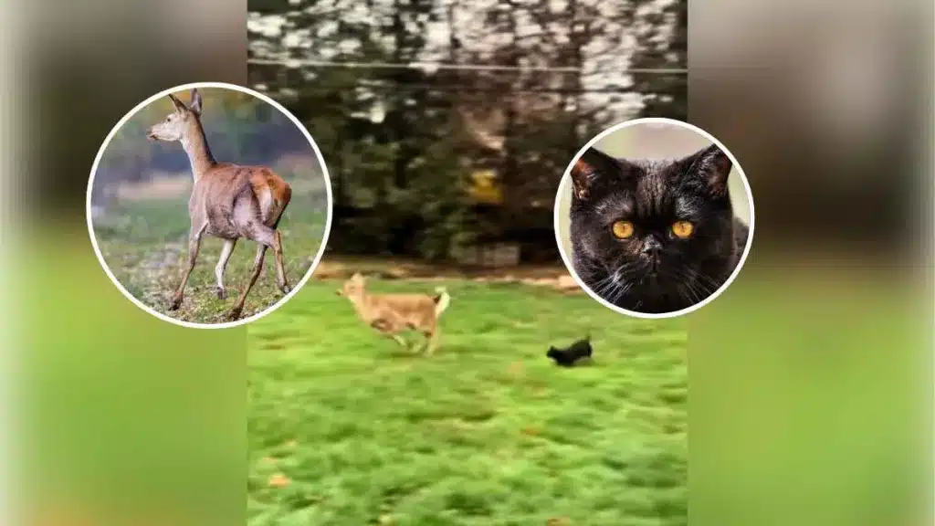 Un gato con mucha autoestima se enfrenta a dos ciervos que se colaron en este jardín