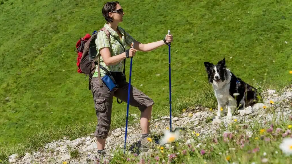 Una senderista camina con su perro suelto.