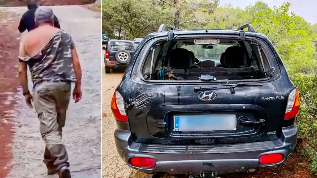 El cazador agredido y el coche destrozado