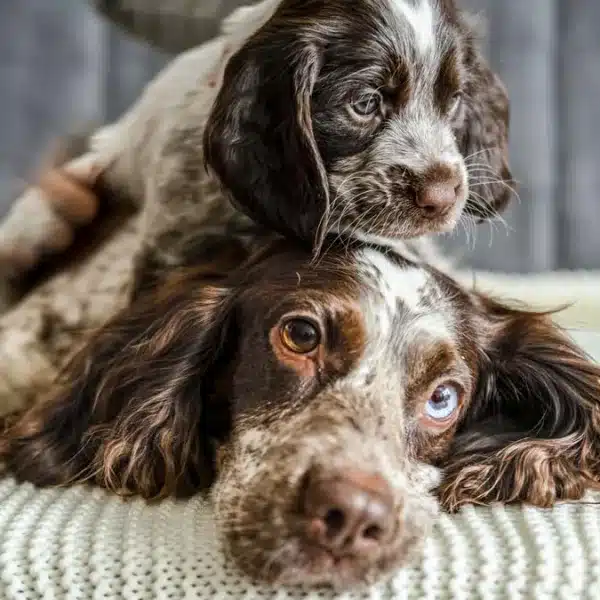 Un cachorro con su madre en una foto de archivo.