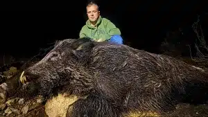 El cazador abatió el jabalí más grande de su vida.