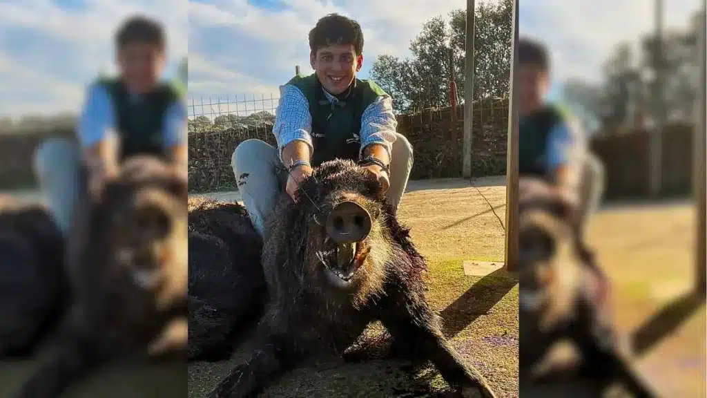 Un joven cazador caza su primer jabalí y pesa 100 kilos.