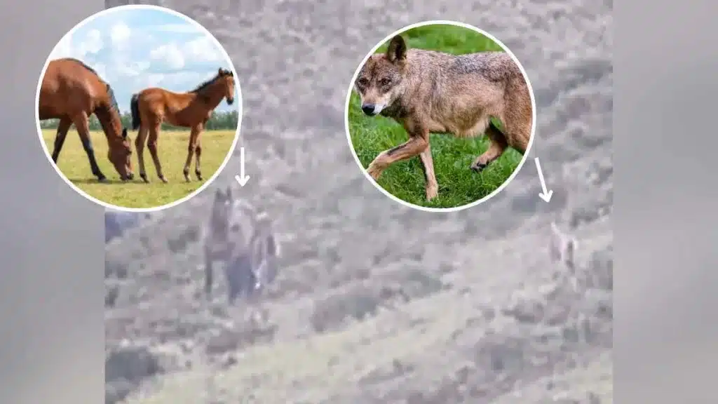 Una yegua se enfrenta a un lobo para salvar a su cría.