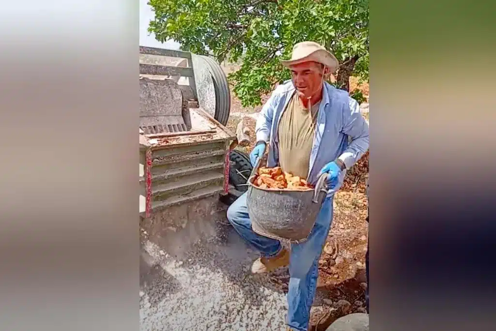 El agricultor triturando piedras.