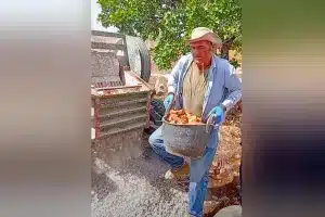 El agricultor triturando piedras.