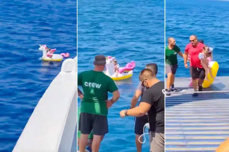 La niña con el flotador de unicornio antes y después del rescate.