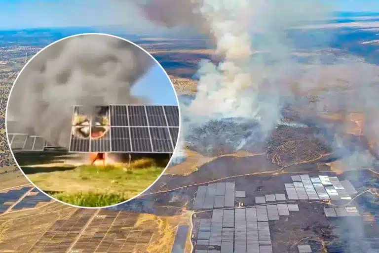 Una placa solar incendiada y estado en el que quedaron las inmediaciones de una planta fotovoltaica en Talaván (Cáceres).