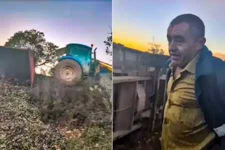 El agricultor y el remolque volcado.