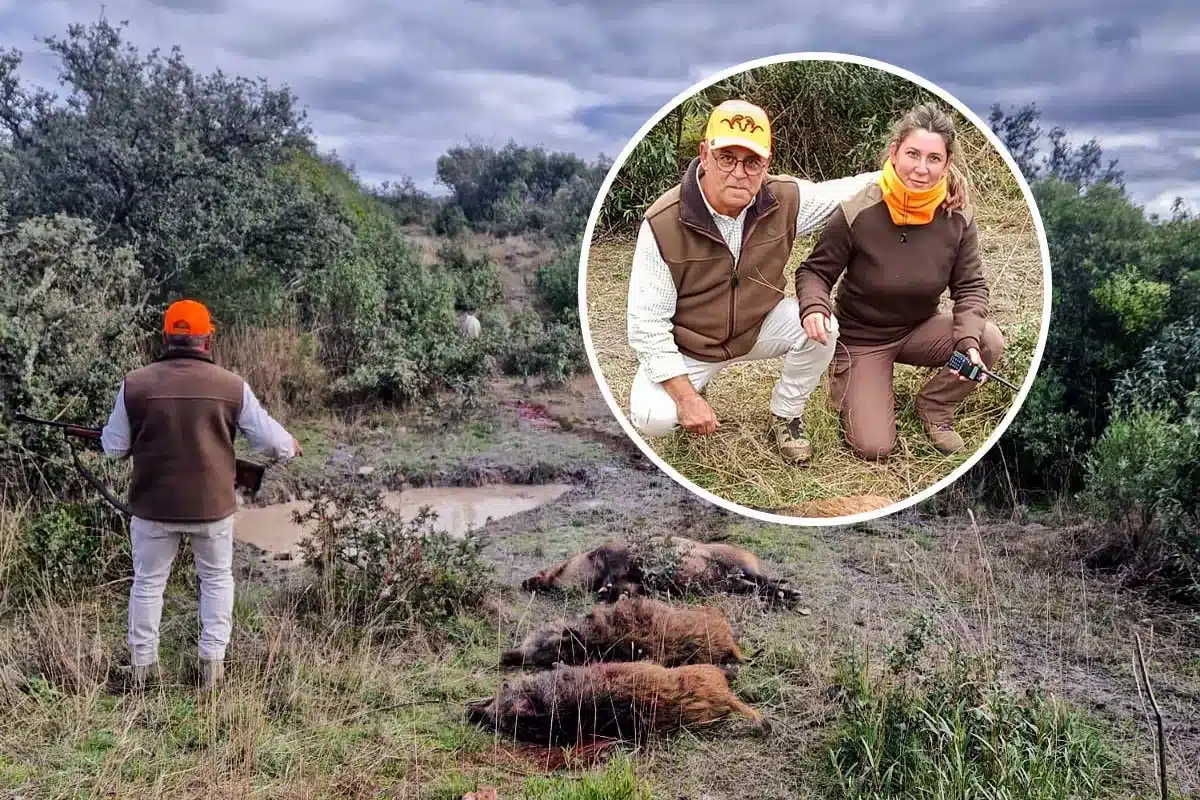 Padre e hija e imagen del cortadero donde cazaron los cuatro jabalíes.