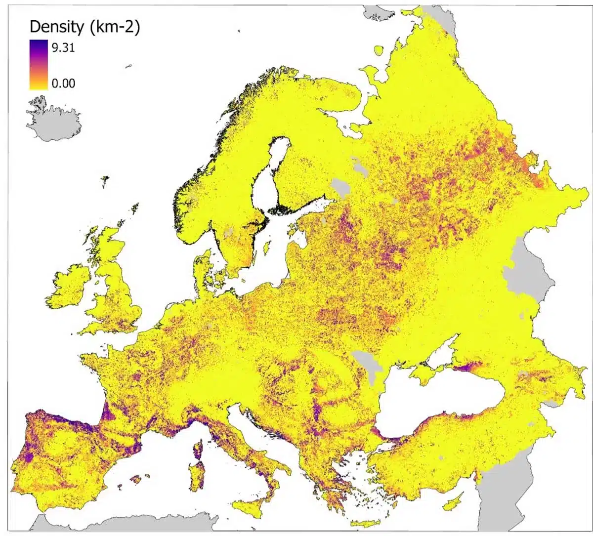 Mapa de la densidad del jabalí en Europa.
