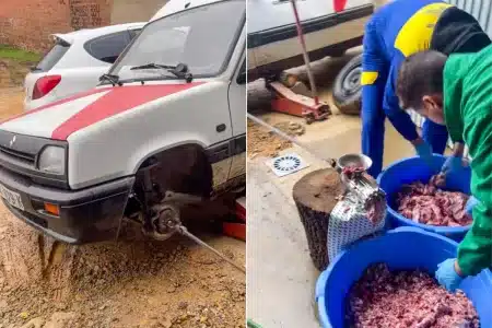 La Renault Express picando la carne para los chorizos.