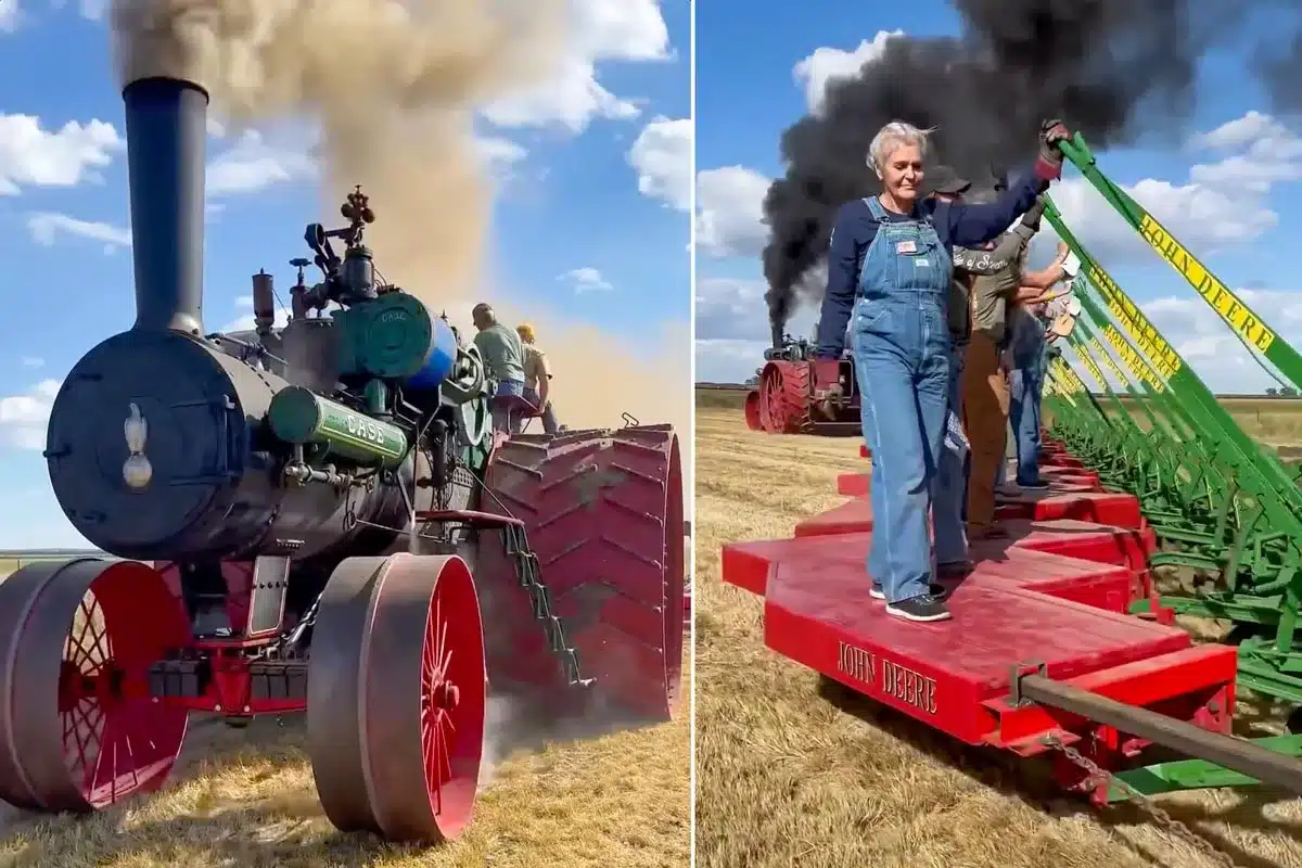 El enorme tractor arrancado.