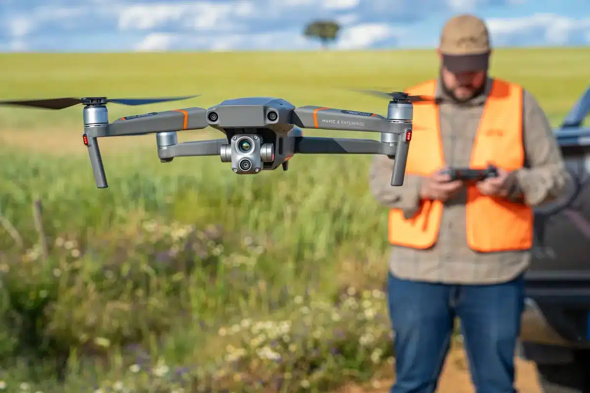 Un cazador con un dron térmico para localizar corcinos durante la cosecha.