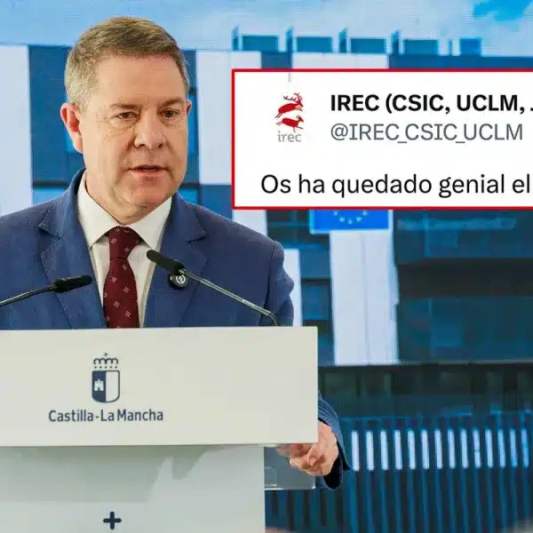 Emiliano García-Page, presidente de Castilla-La Mancha, junto al mensaje publicado por la cuenta oficial del IREC en X.