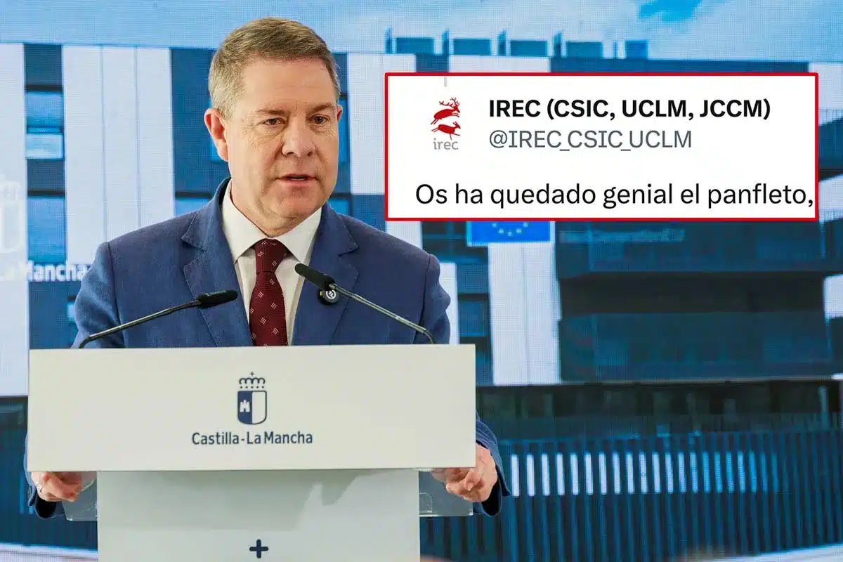 Emiliano García-Page, presidente de Castilla-La Mancha, junto al mensaje publicado por la cuenta oficial del IREC en X.