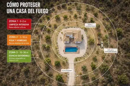 Las tres zonas de protección recomendadas alrededor de una vivienda rural para protegerla del fuego