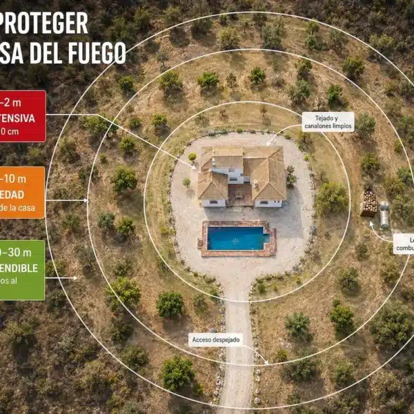 Las tres zonas de protección recomendadas alrededor de una vivienda rural para protegerla del fuego
