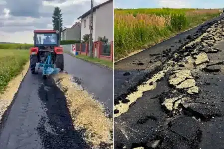 El agricultor, arando la carretera.