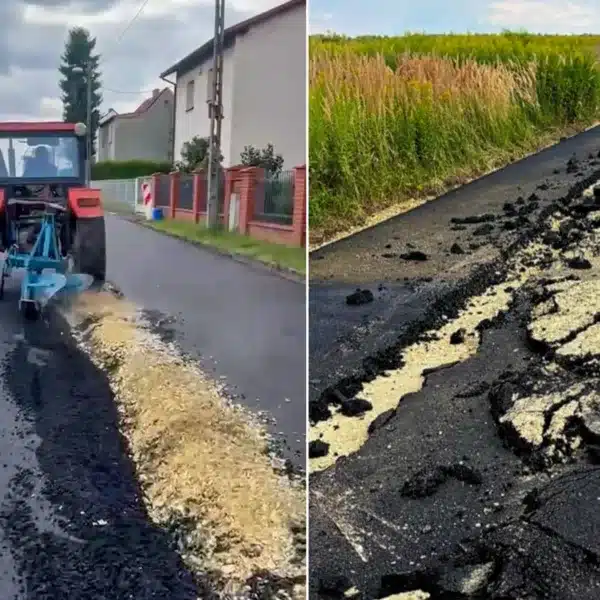 El agricultor, arando la carretera.