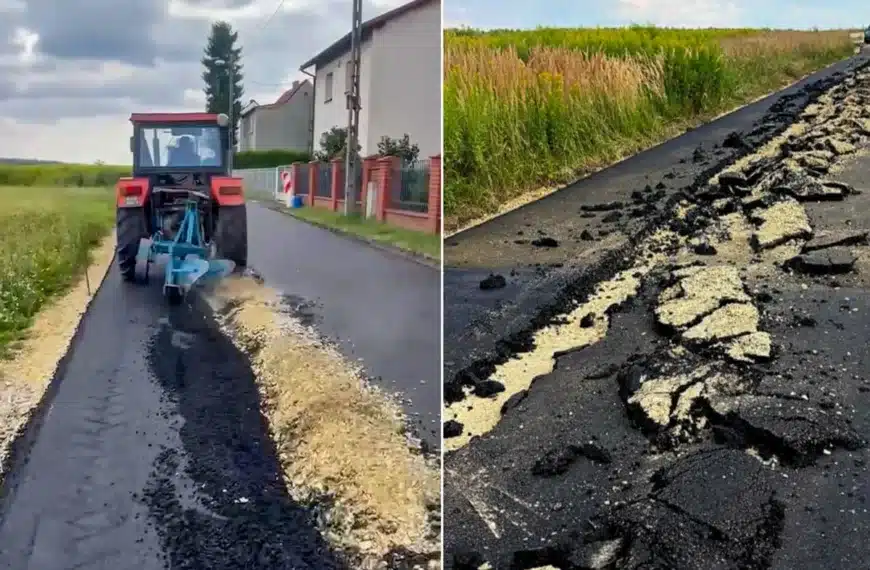 El agricultor, arando la carretera.